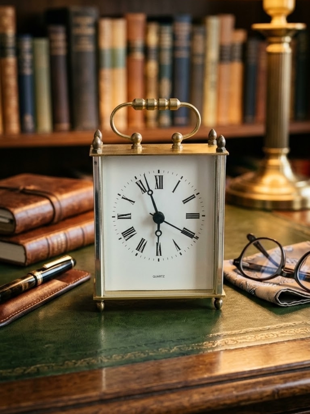 Vintage Quartz Brass Carriage clock with handle Mantel Decor Roman Numerals